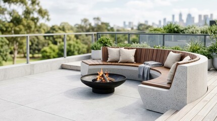 Fototapeta premium Modern curved concrete and walnut sofa with fire bowl on a city rooftop terrace, offering ample copy space for luxury advertising.