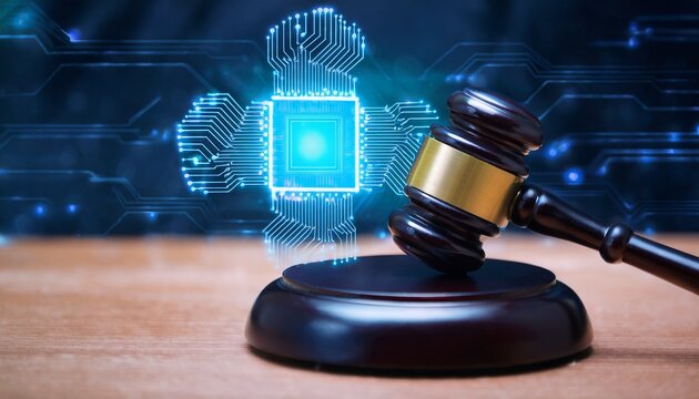 concept of artificial intelligence regulation with glowing ai chip and judicial gavel symbolizing law and ethics in technology and digital innovation