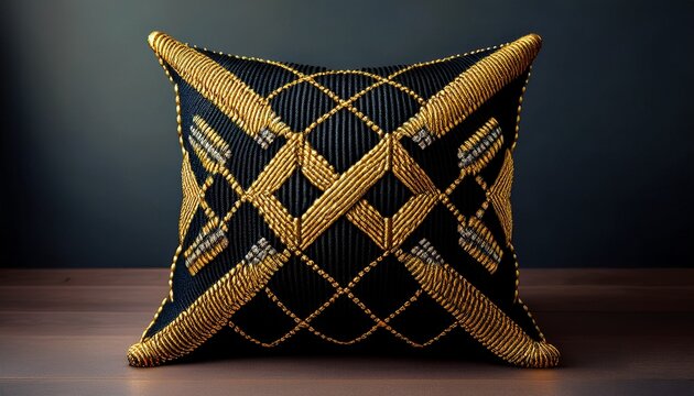 black and gold geometric knitted cushion