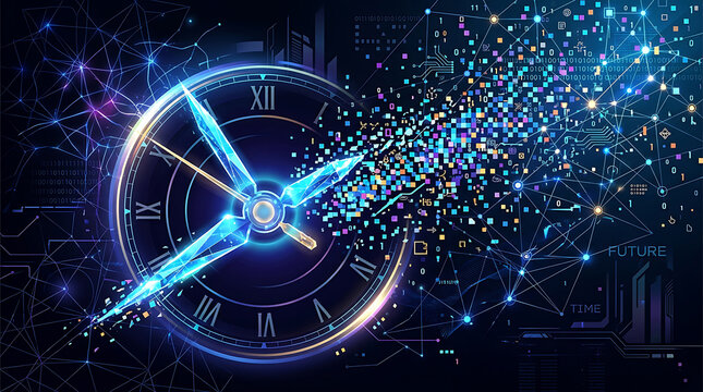 Digital clock with data particles and network lines