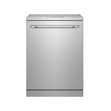 Modern stainless steel dishwasher with a brushed metallic finish and ergonomic handle in a minimalist studio setting. Professional domestic appliance aesthetic