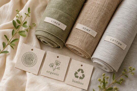 Three rolls of natural eco friendly fabrics labeled linen hemp and cotton with organic and bamboo paper tags on a soft textile surface