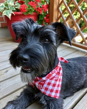 Joyful Canadian Irga Relaxing on a Sunny Day With a Red Checkered Bandana