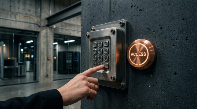 Hand pressing button on keypad to gain entry. Location shows modern interior with concrete walls. Concept of security, technology, building access