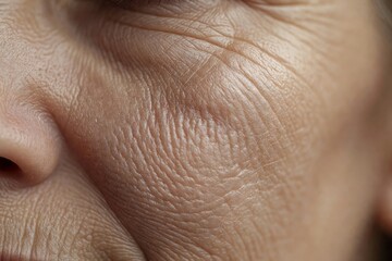 Fototapeta premium Macro close up shot of a mature woman face showing skin texture and deep wrinkles. Natural aging, skin health, hormone balance, and dermatology concept. Skincare, antiaging, beauty.