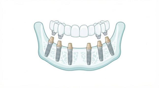 The steps of dental implant placement, focusing on titanium teeth being fixed to the jawbone for restoration.