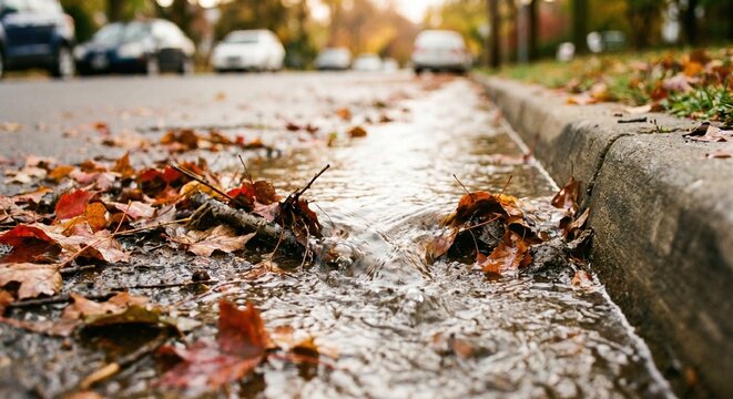 Wet autumn leaves in a street gutter with flowing rainwater during a rainy day in a residential neighborhood with blurred cars