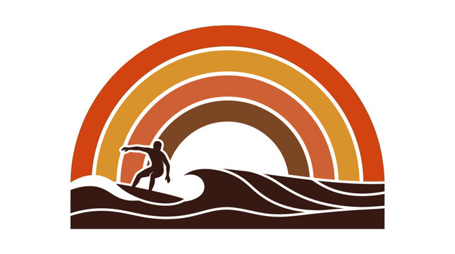 A silhouette of a surfer riding a wave under a rainbow