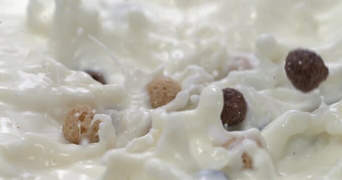 Corn balls breakfast cereal falling into milk or yogurt with splash in super slow motion