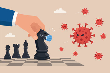 Business strategy in crisis, solution or idea to pass Coronavirus COVID-19 pandemic concept, investor or company owner hand holding chess knight wearing face mask fight with Coronavirus pathogen © Hanufa