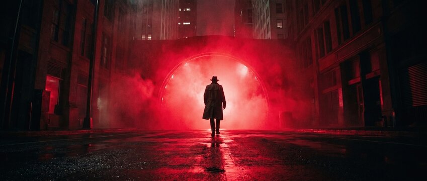 Mysterious man in a trench coat walking down a dark city street towards a glowing red archway filled with smoke and dramatic light