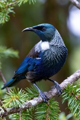 Obraz premium Tui Perches Gracefully on a Branch in Lush New Zealand Forest