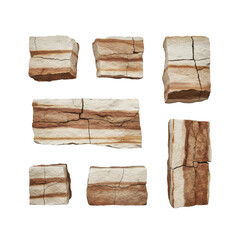 Fototapeta premium Eight irregular sandstone blocks with sedimentary layers and weathered cracks on a minimalist white background with soft lighting. Concept of geological permanence