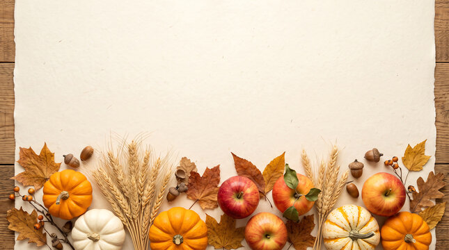 beautiful autumn harvest flat lay border with colorful mini pumpkins, red apples with leaves, wheat sheaves, and dry foliage on a textured parchment paper background