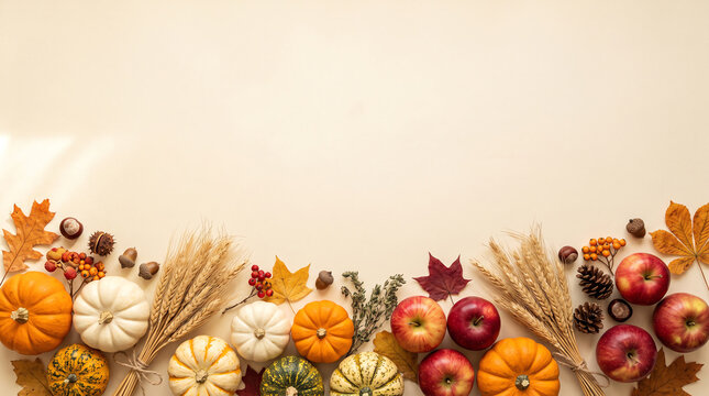 autumn harvest flat lay border with colorful mini pumpkins, red apples, wheat sheaves, acorns, and fall leaves on a clean beige background with top copy space