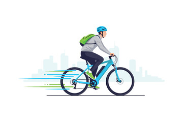 Fototapeta premium Cyclist riding a bicycle with backpack vector illustration against city skyline