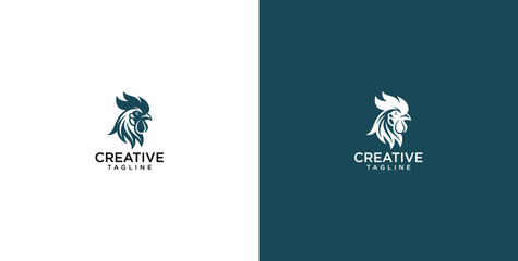 Minimalist rooster head logo design for branding, professional cockerel profile emblem in dark teal and white background, elegant poultry symbol © micky_adb02