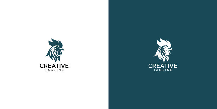 Minimalist rooster head logo design for branding, professional cockerel profile emblem in dark teal and white background, elegant poultry symbol