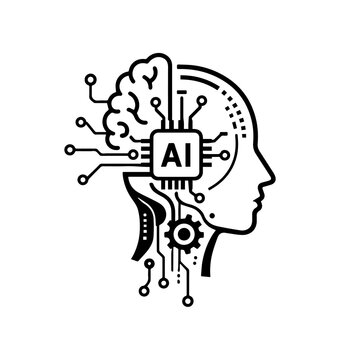 Futuristic AI Human Head with Brain Chip, Artificial Intelligence Technology Vector Icon, Bold Black Line Art, Minimalist Robotic Neural Network Illustration