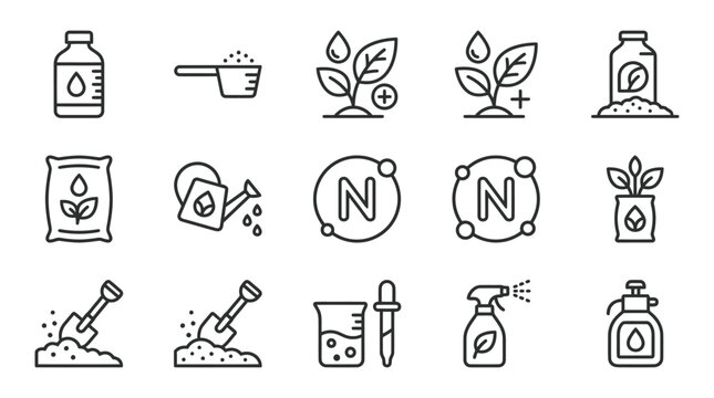 Plant care and fertilization icons for agriculture and gardening