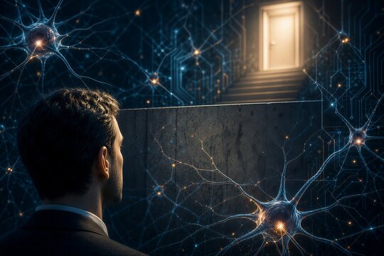 Neuron neural AI network illustrates a career plateau and roadblock, with a man facing a barrier and stagnation, symbolizing growth limitation.