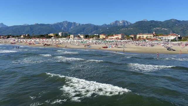 Tuscany coast panoramic view coastline with beautiful sand beaches at sunny day, Viareggio, Lucca, Italy.	