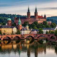 Obraz premium Historic Heidelberg Castle and Stone Bridge at Sunset, Germany
