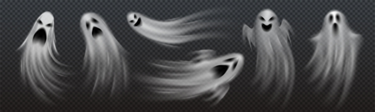 Spooky Specters: A collection of transparent, ethereal ghosts with various expressions, from frightful screams to eerie smiles, float ominously on a dark, checkered background.