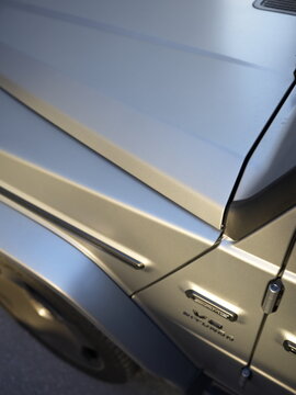 Detail of Mercedes-Benz G63 AMG G-Class Gel&auml;ndewagen showing hood, fender and premium SUV exterior design