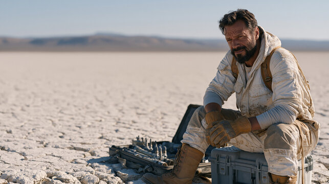 Hydrogeologist collecting groundwater samples from a bore well casing in a dry rural landscape, field instruments laid out in an open case, cracked clay soil stretching to distant