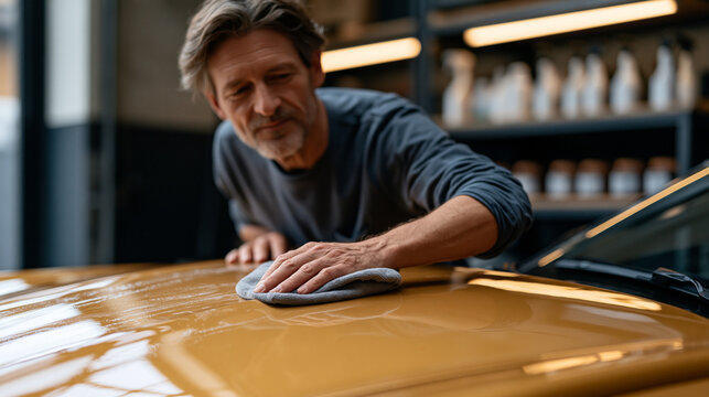 Vehicle detailer applying ceramic coating sealant to curved car hood in private garage bay, microfiber cloth in circular motion, high-gloss finish reflecting overhead LED strips,