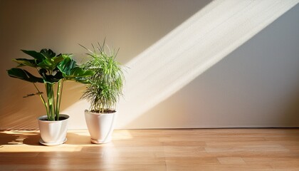 Fototapeta premium two houseplants in white pots on wooden pedestal and floor near sunlit wall