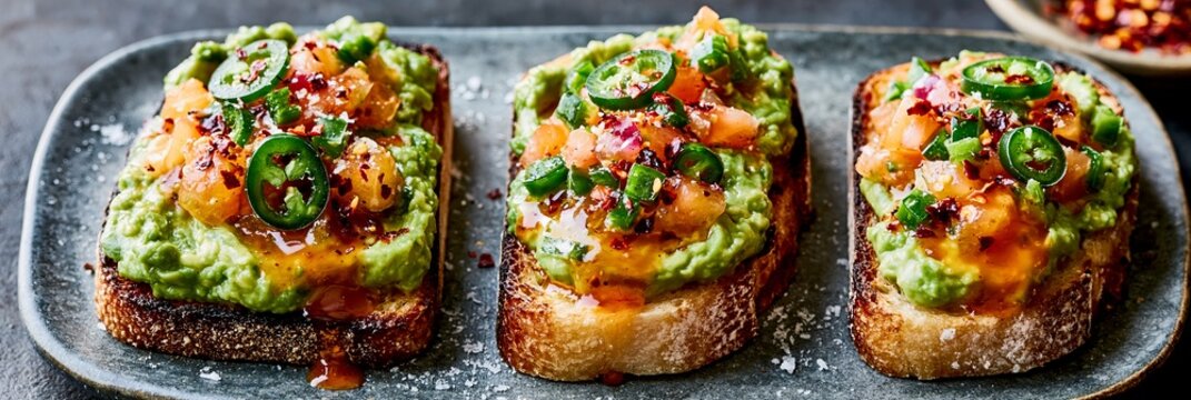 Avocado toast with pico de gallo and jalapeno. Toasted bread topped with creamy avocado, fresh pico de gallo, and spicy jalapenos