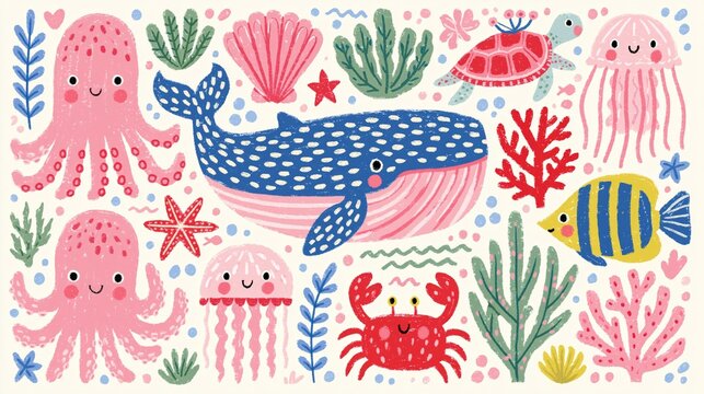 Cute sea creatures swimming underwater with marine life. Cute marine animals and ocean plants creating a whimsical underwater world illustration