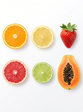 Fresh citrus and tropical fruit slices arrangement on white background