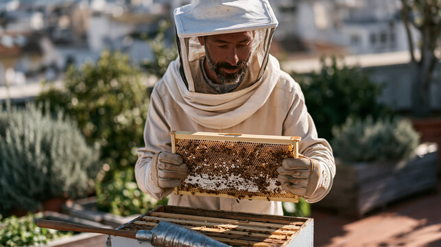 Urban beekeeper in mesh veil removing honeycomb frame from rooftop hive, city rooftop garden visible beyond parapet, smoker tool resting on hive box corner, gauntlet gloves, bees