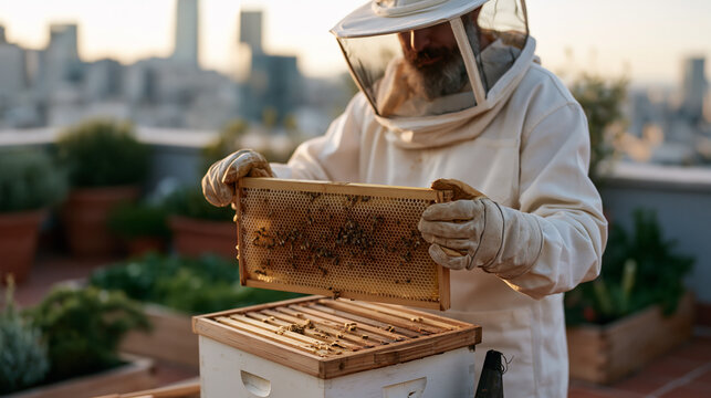 Urban beekeeper in mesh veil removing honeycomb frame from rooftop hive, city rooftop garden visible beyond parapet, smoker tool resting on hive box corner, gauntlet gloves, bees