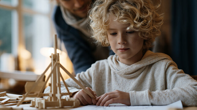 Curly-haired boy of about eleven building a functional model trebuchet from a kit at a dining table, referencing a hand-drawn diagram, his father reaching over to steady the
