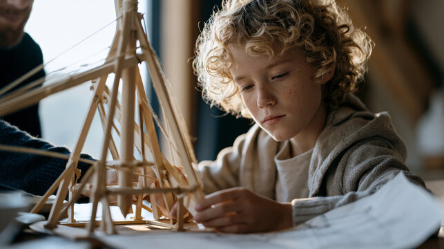 Curly-haired boy of about eleven building a functional model trebuchet from a kit at a dining table, referencing a hand-drawn diagram, his father reaching over to steady the