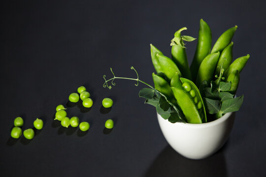Fresh green pea pods in a white cup with scattered seeds on a dark background with copy space