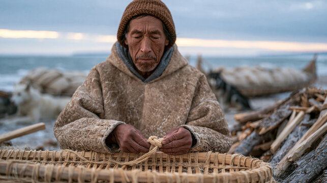Inuit hunter preparing traditional kayak frame repair with sinew lashing beside frozen lake shore, bare hands working intricate knot despite cold, weathered skin, driftwood pile