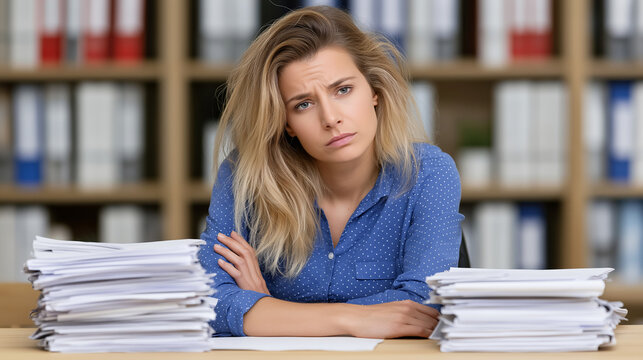 Stressed Businesswoman Sitting at Desk Surrounded by Paperwork in Office