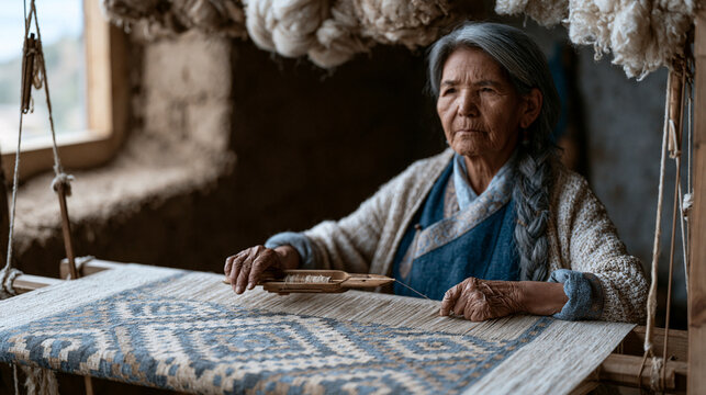 Tibetan textile weaver at horizontal backstrap loom in mountain workshop, geometric patterned fabric slowly advancing on beam, shuttle mid-throw between weft threads, weathered