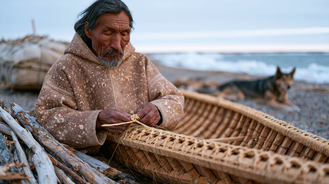 Inuit hunter preparing traditional kayak frame repair with sinew lashing beside frozen lake shore, bare hands working intricate knot despite cold, weathered skin, driftwood pile