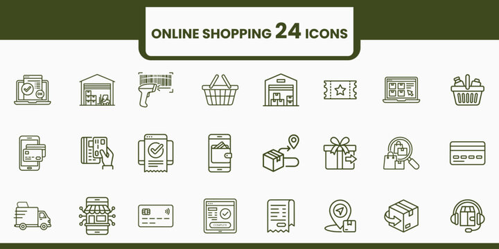 Collection of twenty four online shopping flat icons on a white background