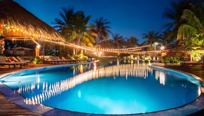 Fototapeta premium tropical poolside night party with glowing string lights and water reflections abstract blurred summer nightlife for luxury resort travel or celebration background use