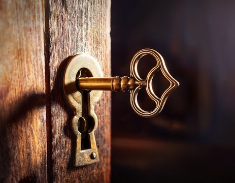 vintage brass key entering a rustic wooden door lock with dramatic lighting