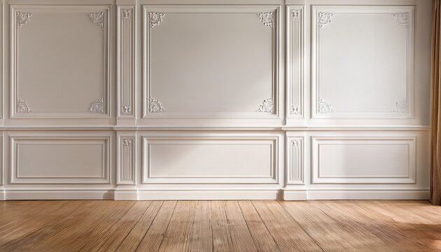 white classic wall background with copy space mock up room beige colour parquet floor
