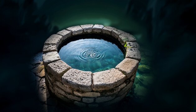 a stone well with clear water and a ripple in the center