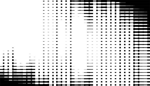 Abstract black and white vector graphic with digital transition effects. Brutalist style futuristic pattern built with distorted geometric shapes. Easily to edit without losing quality. EPS10 